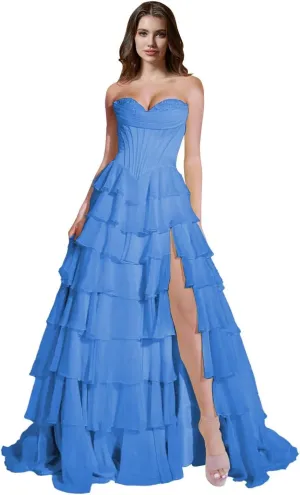 ForElise Strapless Corset Prom Dresses 2025 Long Tiered Ruffle Chiffon A-Line Formal Evening Ball Gowns with Slit