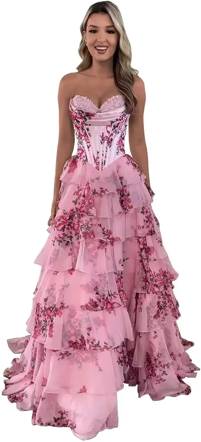 ForElise Strapless Corset Prom Dresses 2025 Long Tiered Ruffle Chiffon A-Line Formal Evening Ball Gowns with Slit