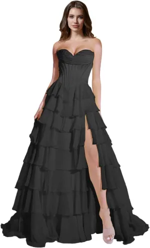 ForElise Strapless Corset Prom Dresses 2025 Long Tiered Ruffle Chiffon A-Line Formal Evening Ball Gowns with Slit