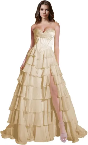ForElise Strapless Corset Prom Dresses 2025 Long Tiered Ruffle Chiffon A-Line Formal Evening Ball Gowns with Slit