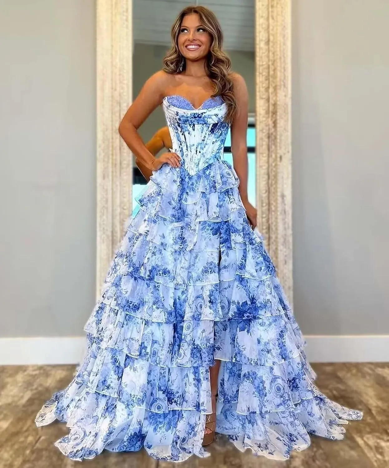 ForElise Strapless Corset Prom Dresses 2025 Long Tiered Ruffle Chiffon A-Line Formal Evening Ball Gowns with Slit