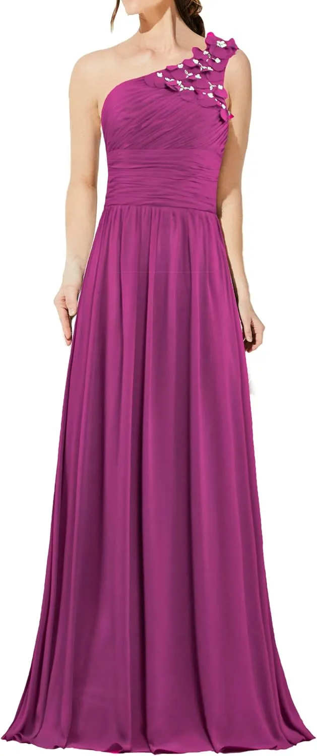Formal Bead Flowers One Shoulder Prom Dresses Long Evening Gowns
