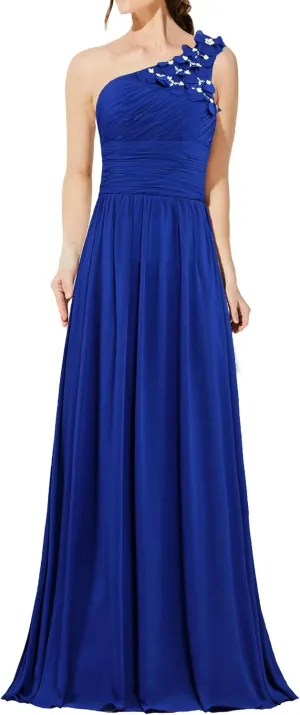 Formal Bead Flowers One Shoulder Prom Dresses Long Evening Gowns
