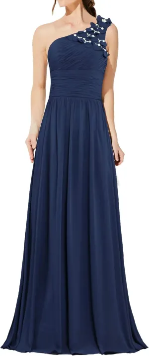 Formal Bead Flowers One Shoulder Prom Dresses Long Evening Gowns