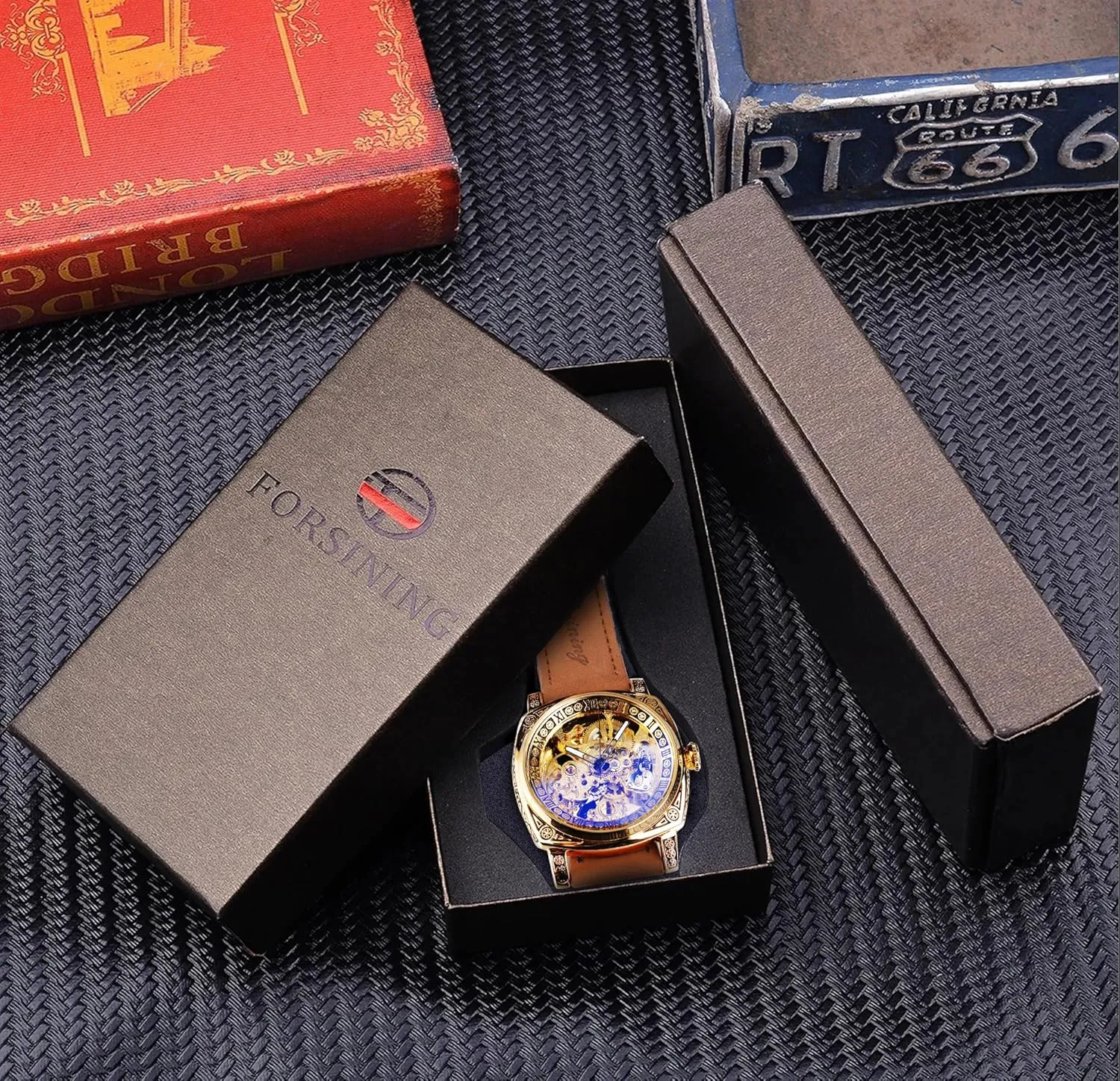 FORSINING Watches for Man, Square Retro Mechanical Watch Self-Wind Carved, Skeleton Automatic Watches Vintage Leather Strap Wristwatch