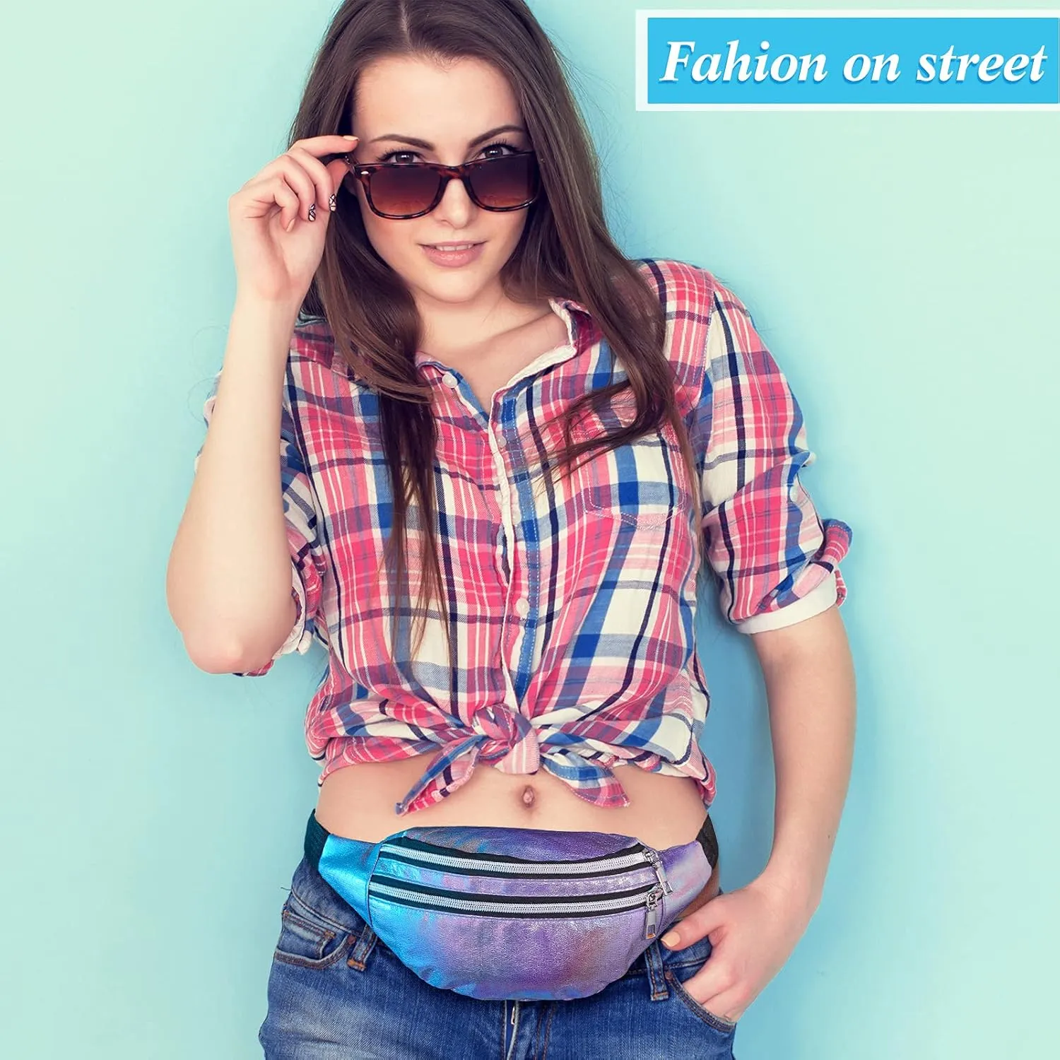 Frienda 2 Pieces Holographic Fanny Pack for Women Colorful Sport Waist Bag Pack
