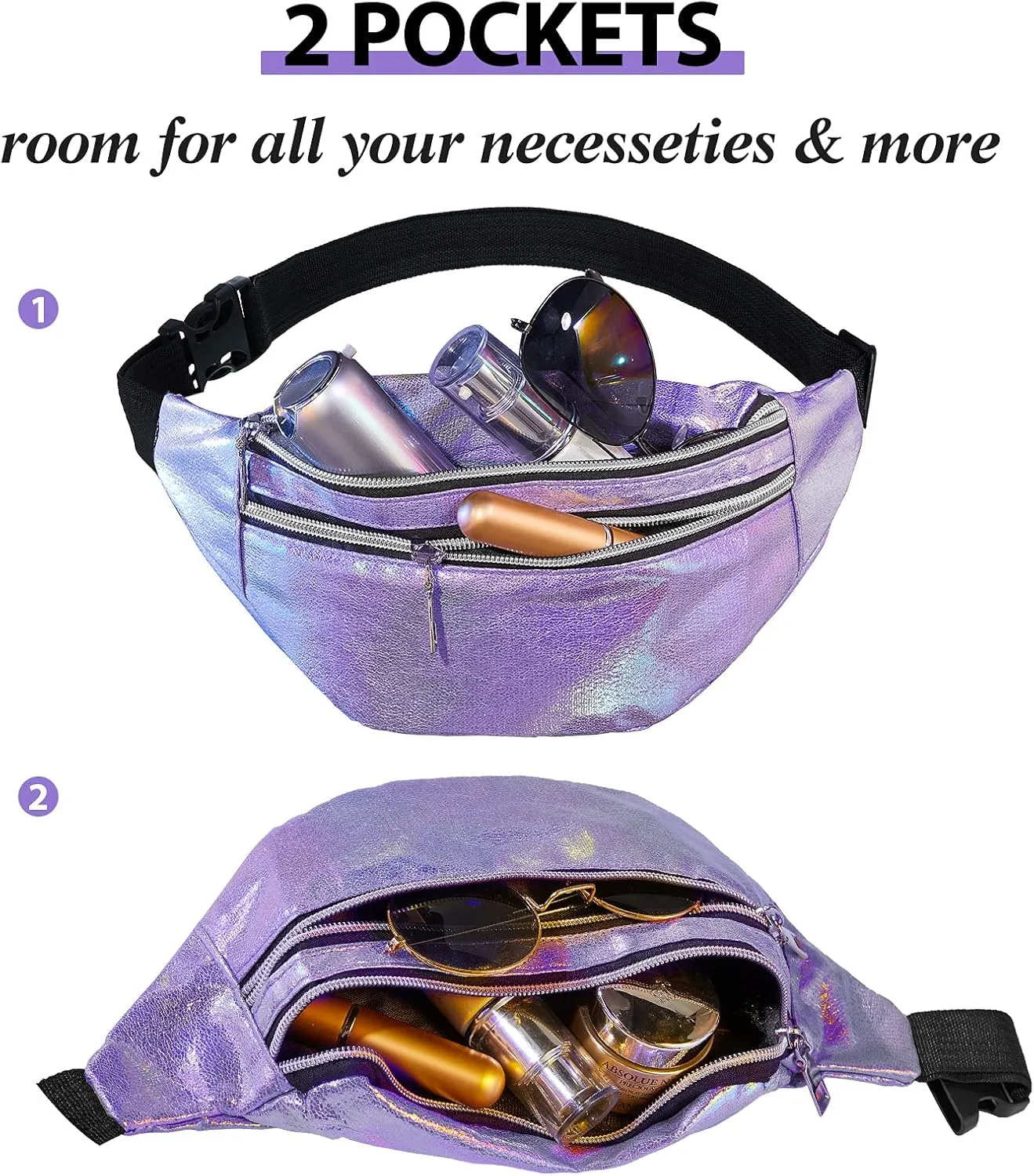 Frienda 2 Pieces Holographic Fanny Pack for Women Colorful Sport Waist Bag Pack