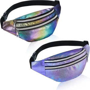 Frienda 2 Pieces Holographic Fanny Pack for Women Colorful Sport Waist Bag Pack