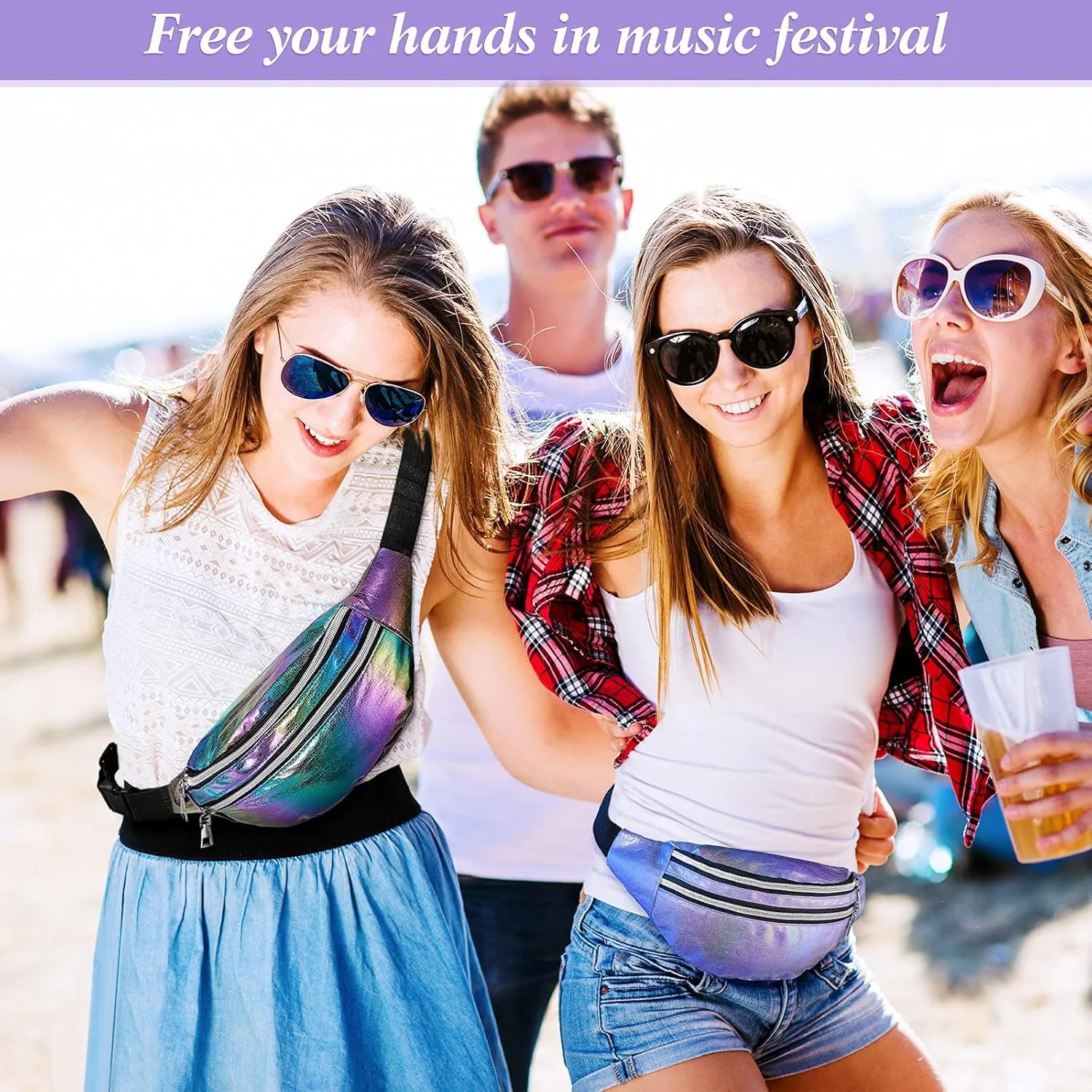 Frienda 2 Pieces Holographic Fanny Pack for Women Colorful Sport Waist Bag Pack