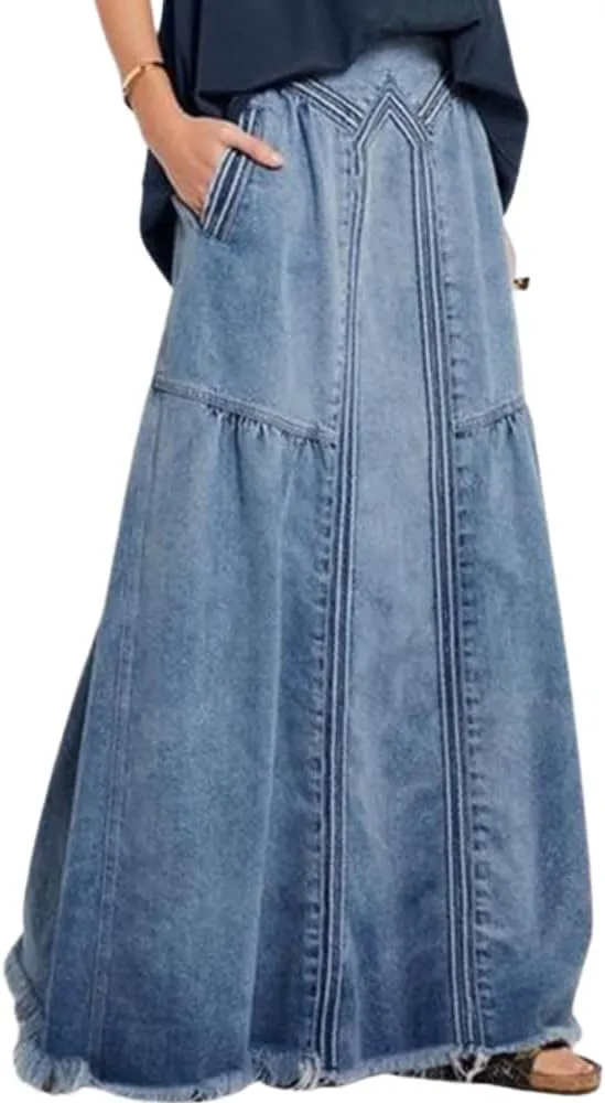 Fronage Women's Distressed Hippie Long Denim Skirt Casual Elastic Waist Frayed Hem A-Line Maxi Jean Skirts with Pocket