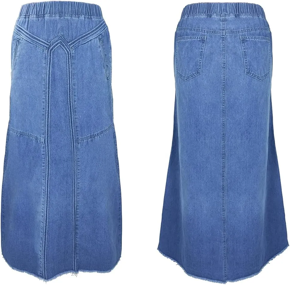 Fronage Women's Distressed Hippie Long Denim Skirt Casual Elastic Waist Frayed Hem A-Line Maxi Jean Skirts with Pocket