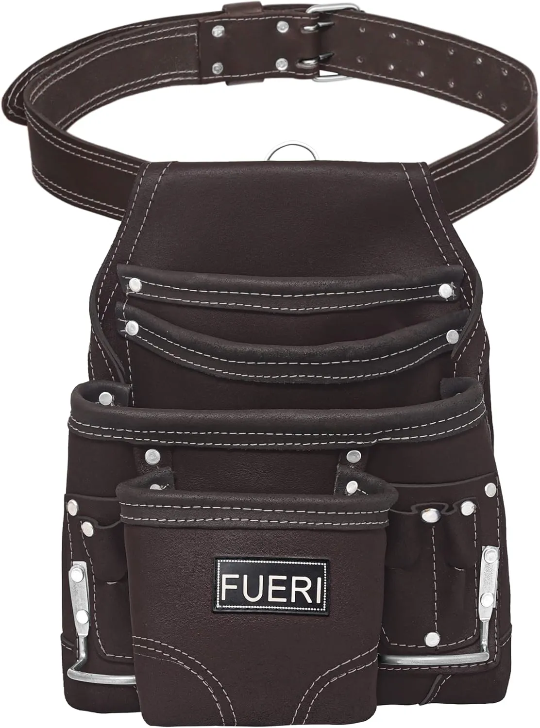 FUERI Leather Tool Pouches with Belt Clip Dual Hammer Holder Utility Belts Bags Pouch for Construction Carpenter Electrician Framer Men Women Iron Worker - 10 Pocket