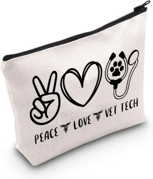 G2TUP Veterinarian Makeup Bag Peace Love Vet Tech Animal Rescue Zipper Cosmetics Bag Veterinary Technician Travel Bag Veterinary Medicine Graduation Gift (Peace Love Vet Tech White Bag)
