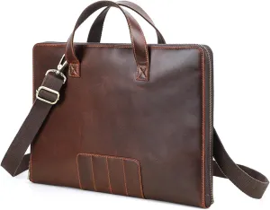Genuine Leather Slim Laptop Briefcase, Multiple Pockets for Accessories, Zipper Closure, for Business Travel Laptop Bag