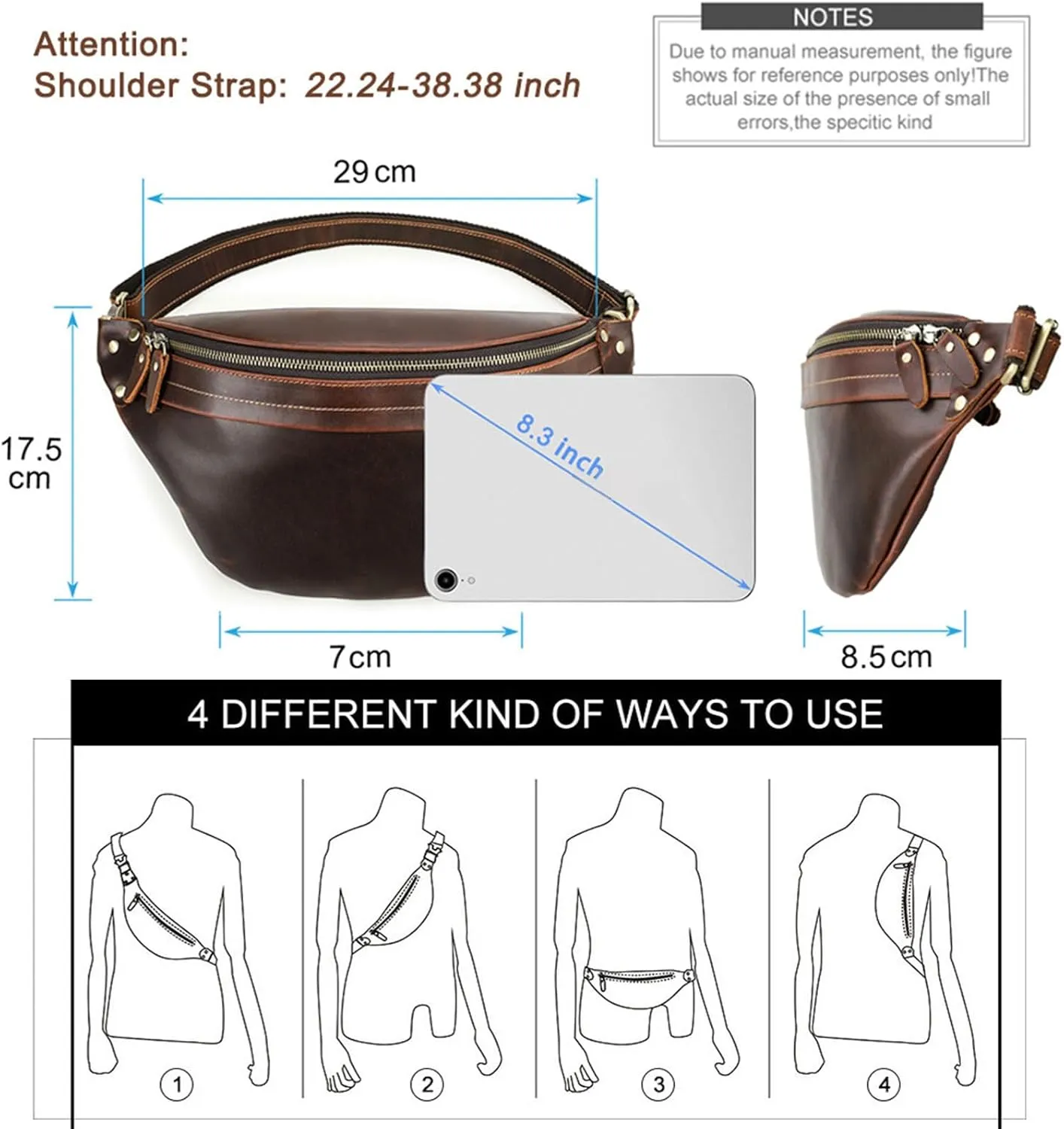 Genuine Leather Waist Bag for Men Vintage Large Capacity Multi-Functional Fanny Pack, Adjustable Belt Bag, Crossbody Chest Bag for Travel Cycling (Black)