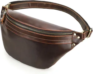 Genuine Leather Waist Bag for Men Vintage Large Capacity Multi-Functional Fanny Pack, Adjustable Belt Bag, Crossbody Chest Bag for Travel Cycling (Coffee)