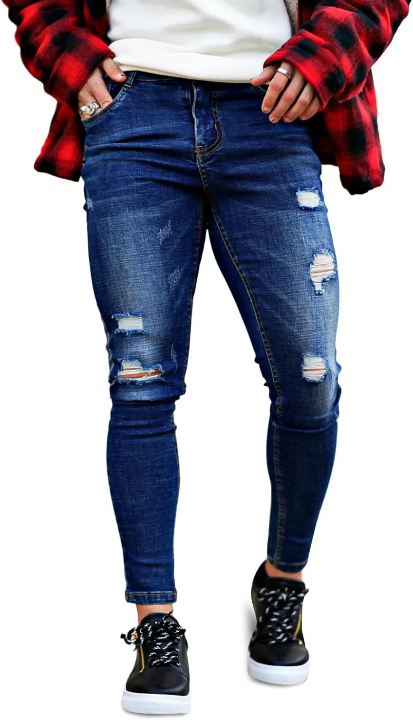GINGTTO Men's Ripped Jeans Stretch Skinny Denim Pants for Men Tapered Leg