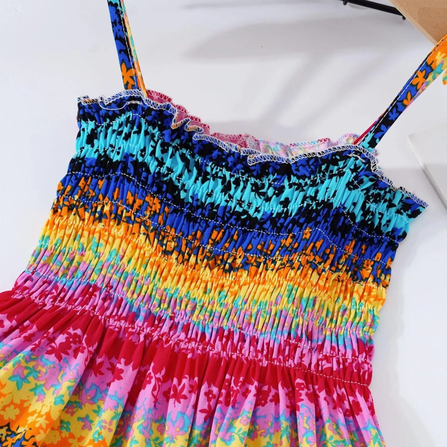 Girl 2024 Summer Boho Floral Printed Spaghetti Strap Square Neck Ruffle A Line Swing Beach Mini Dress Sunflower Dress