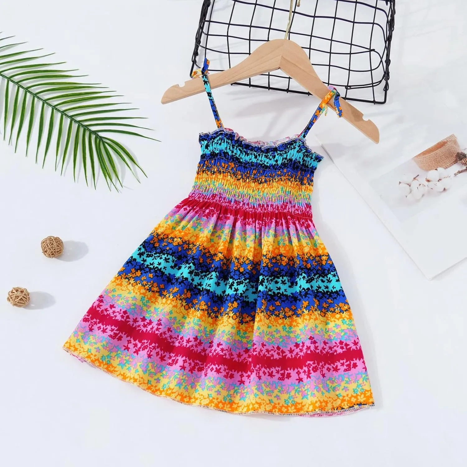 Girl 2024 Summer Boho Floral Printed Spaghetti Strap Square Neck Ruffle A Line Swing Beach Mini Dress Sunflower Dress