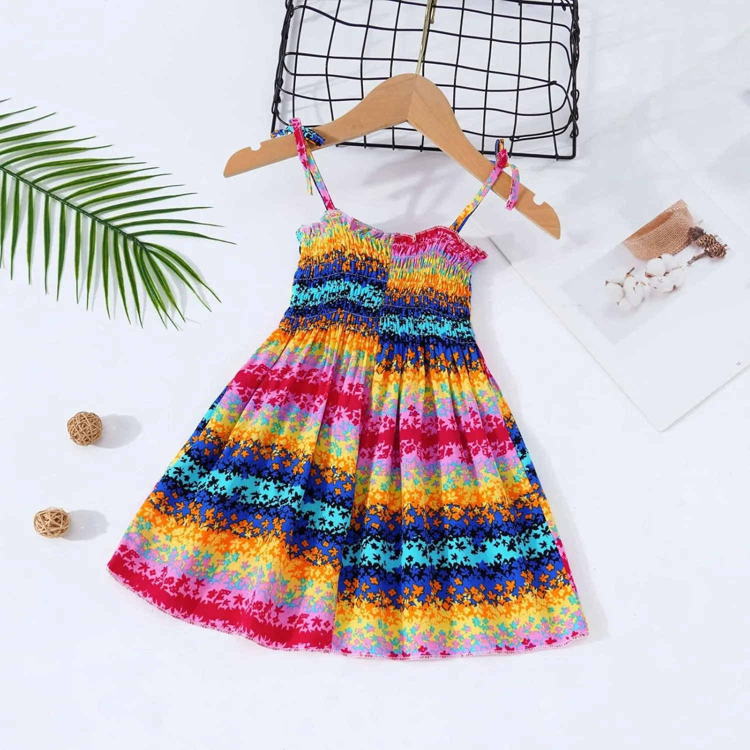 Girl 2024 Summer Boho Floral Printed Spaghetti Strap Square Neck Ruffle A Line Swing Beach Mini Dress Sunflower Dress