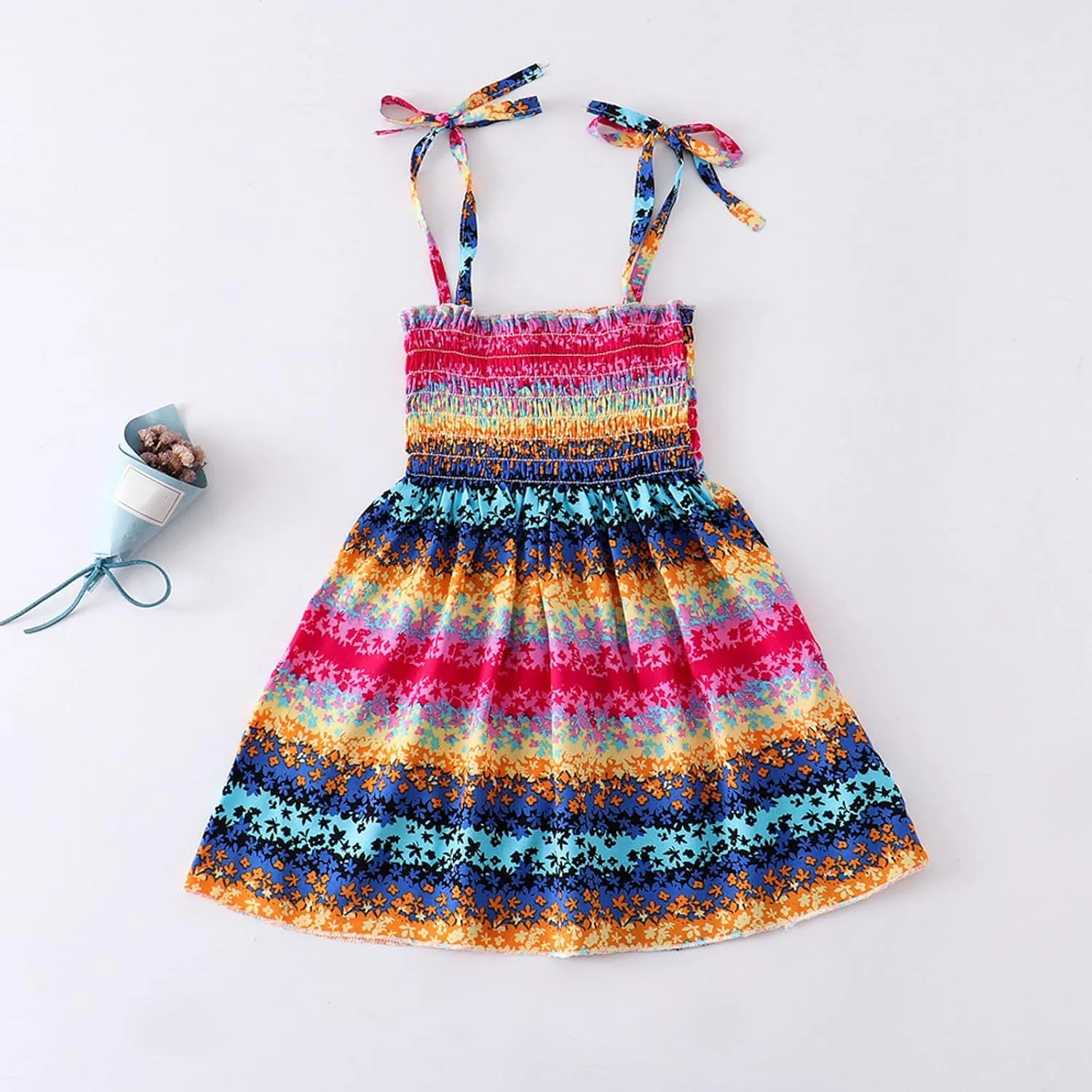 Girl 2024 Summer Boho Floral Printed Spaghetti Strap Square Neck Ruffle A Line Swing Beach Mini Dress Sunflower Dress