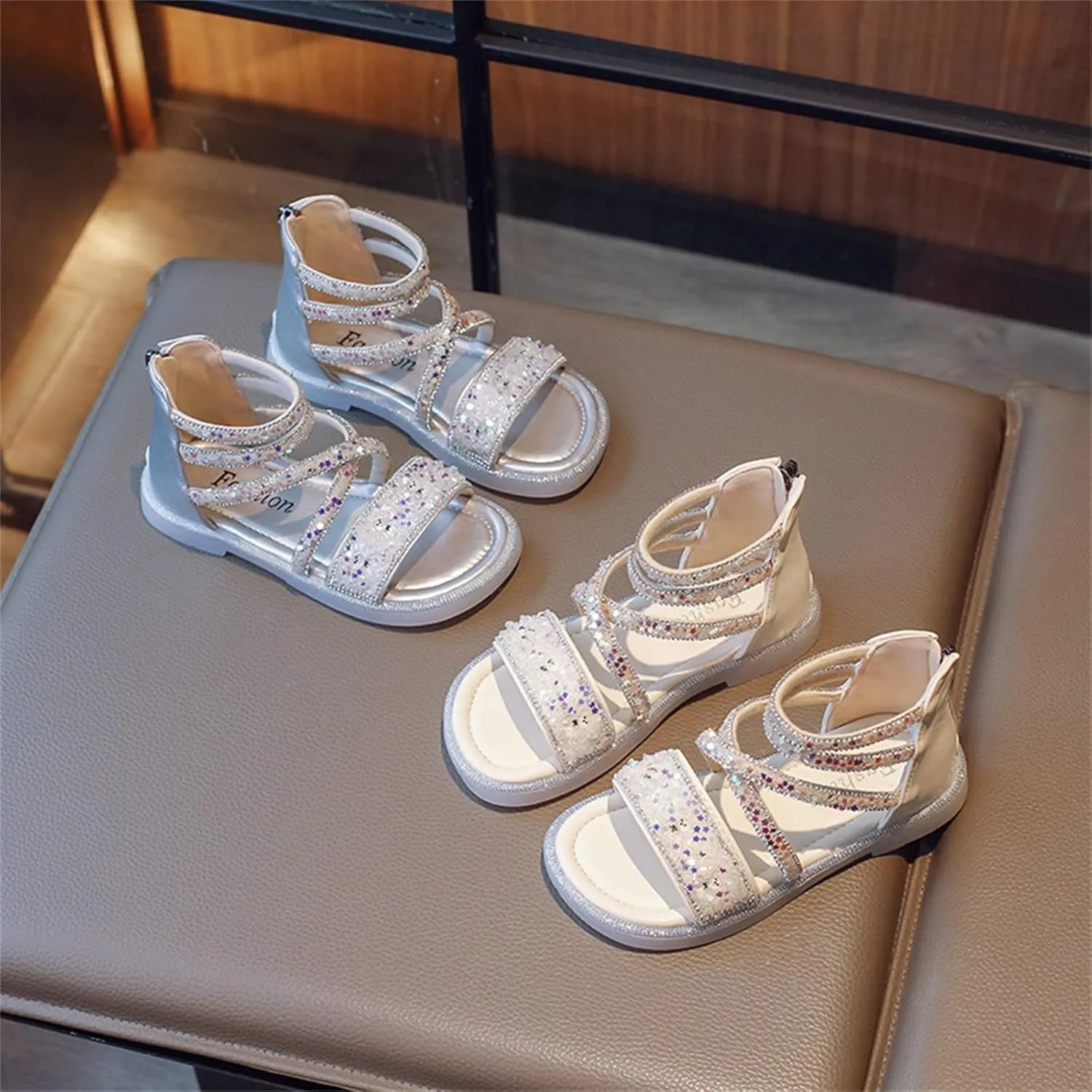 Girls Ankle Open Toe Sandals ??ow Heels Sequins Princess Shoes Toddler Summer Soft Sole Open Toe Dress Loafers Shoes