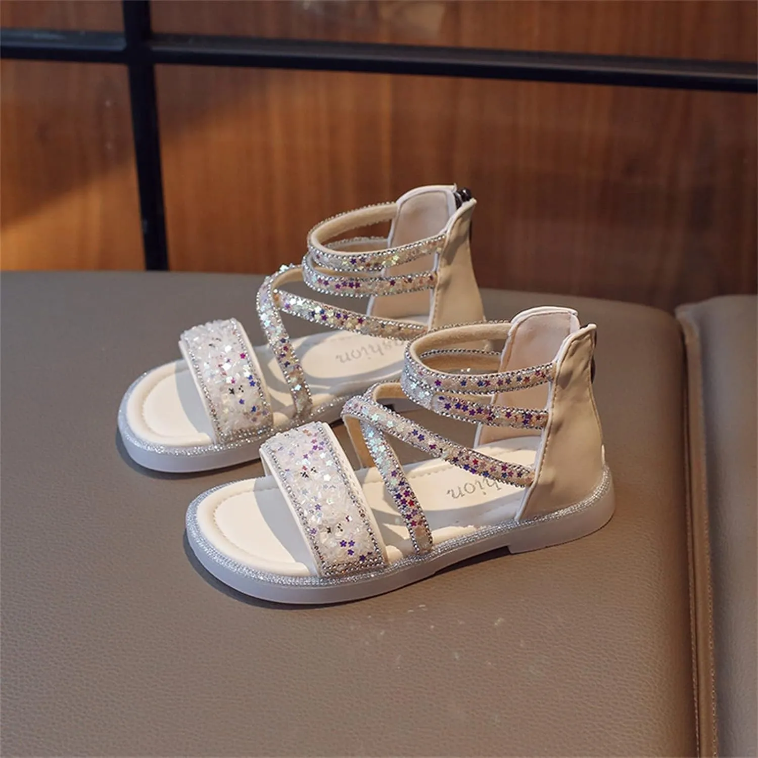 Girls Ankle Open Toe Sandals ??ow Heels Sequins Princess Shoes Toddler Summer Soft Sole Open Toe Dress Loafers Shoes