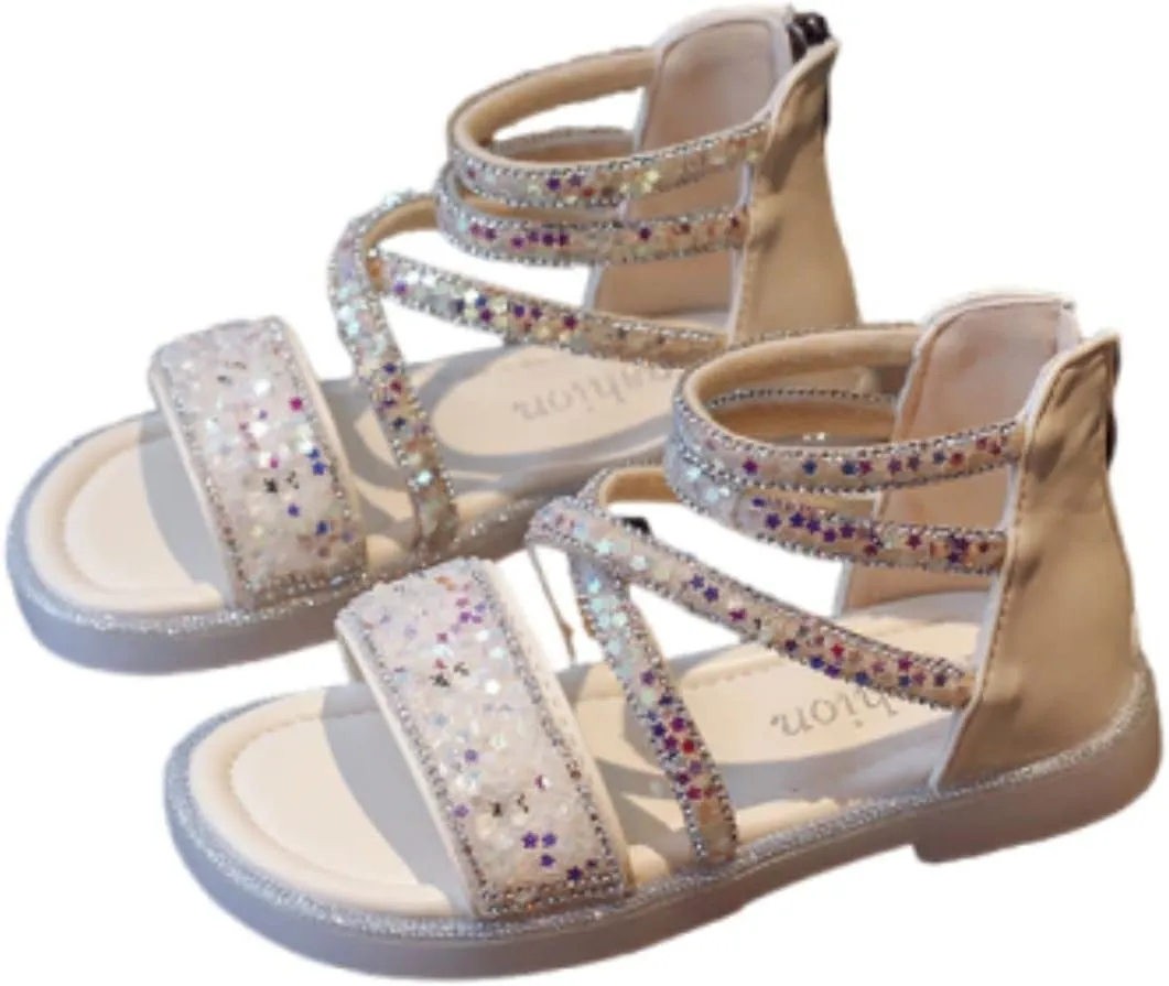 Girls Ankle Open Toe Sandals ??ow Heels Sequins Princess Shoes Toddler Summer Soft Sole Open Toe Dress Loafers Shoes