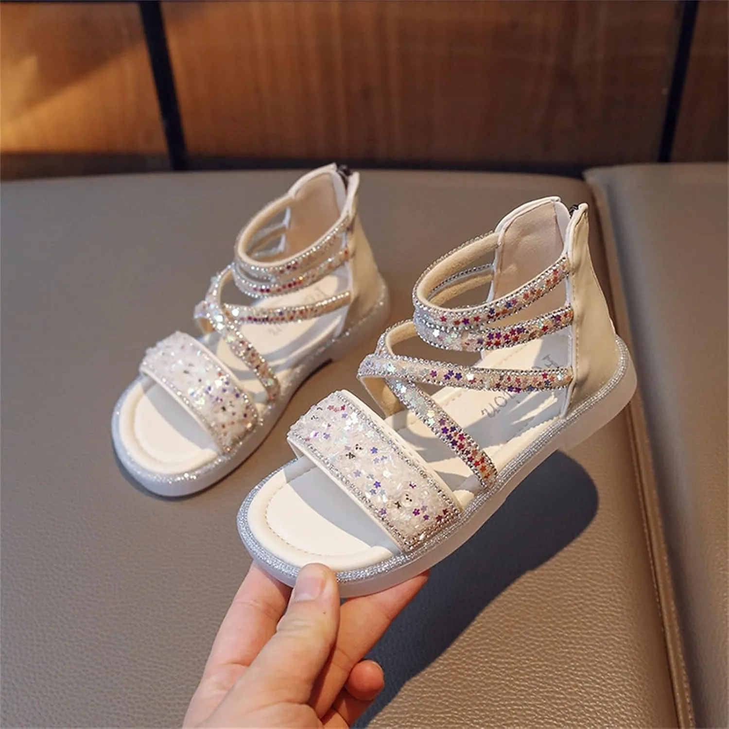 Girls Ankle Open Toe Sandals ??ow Heels Sequins Princess Shoes Toddler Summer Soft Sole Open Toe Dress Loafers Shoes