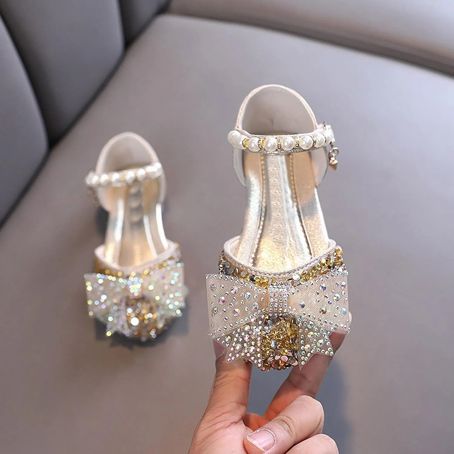 Girls Kids Bow Pearl Sequins Sandals Summer Princess Dress Ankle Shoes Toddler High Heels Cr??b Dance Casual Loafers