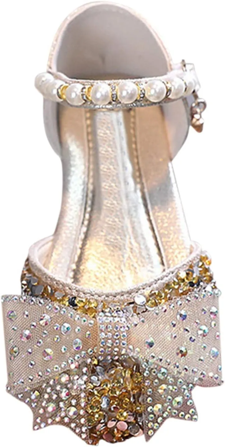 Girls Kids Bow Pearl Sequins Sandals Summer Princess Dress Ankle Shoes Toddler High Heels Cr??b Dance Casual Loafers