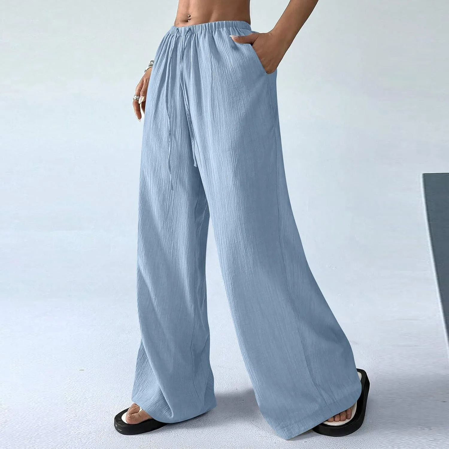 GOFULY Dress Pants Women Straight Wide Leg High Waisted Sumemr Pants Elastic Waist Drawstring Elegant Trousers with Pockets