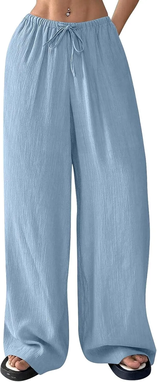 GOFULY Dress Pants Women Straight Wide Leg High Waisted Sumemr Pants Elastic Waist Drawstring Elegant Trousers with Pockets