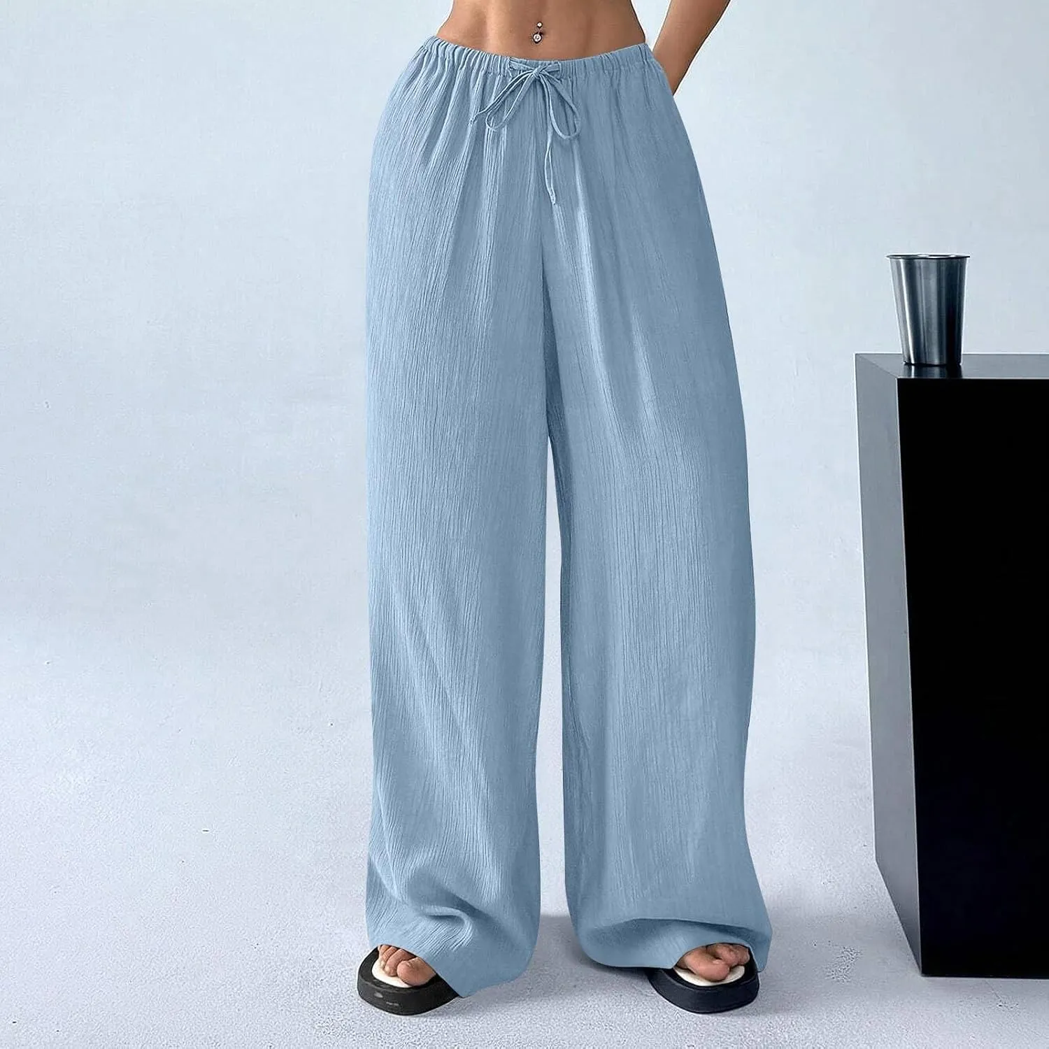 GOFULY Dress Pants Women Straight Wide Leg High Waisted Sumemr Pants Elastic Waist Drawstring Elegant Trousers with Pockets