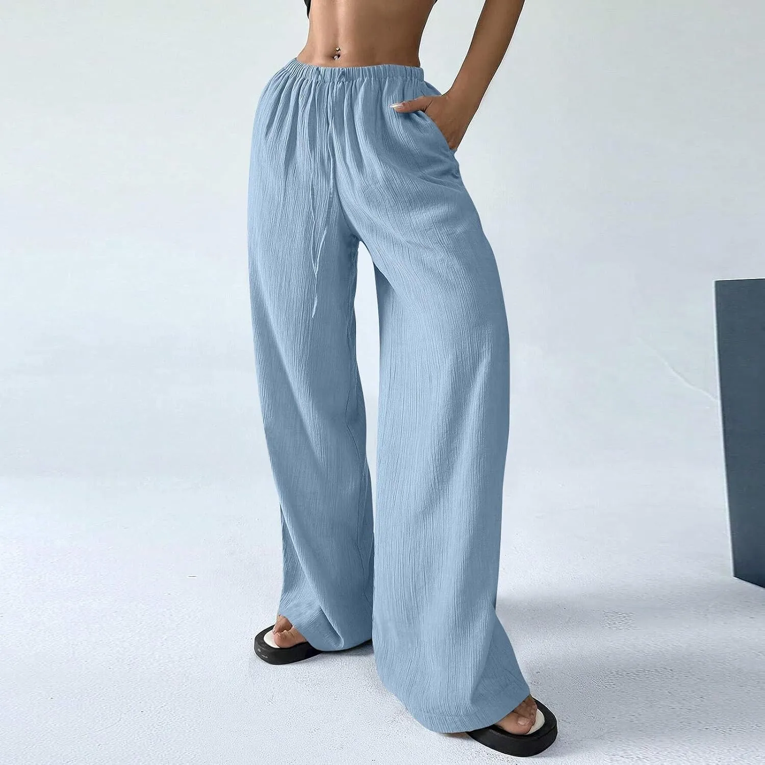 GOFULY Dress Pants Women Straight Wide Leg High Waisted Sumemr Pants Elastic Waist Drawstring Elegant Trousers with Pockets