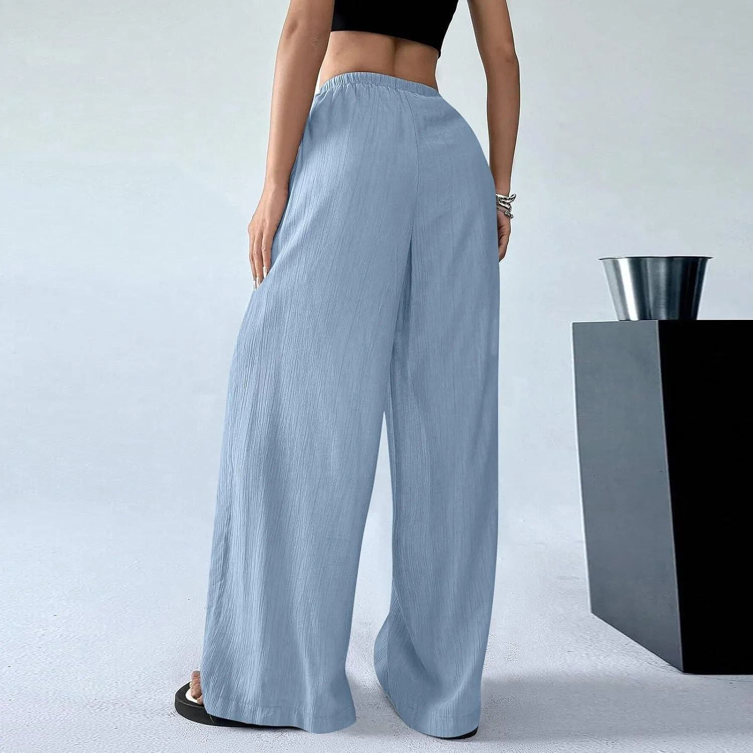 GOFULY Dress Pants Women Straight Wide Leg High Waisted Sumemr Pants Elastic Waist Drawstring Elegant Trousers with Pockets