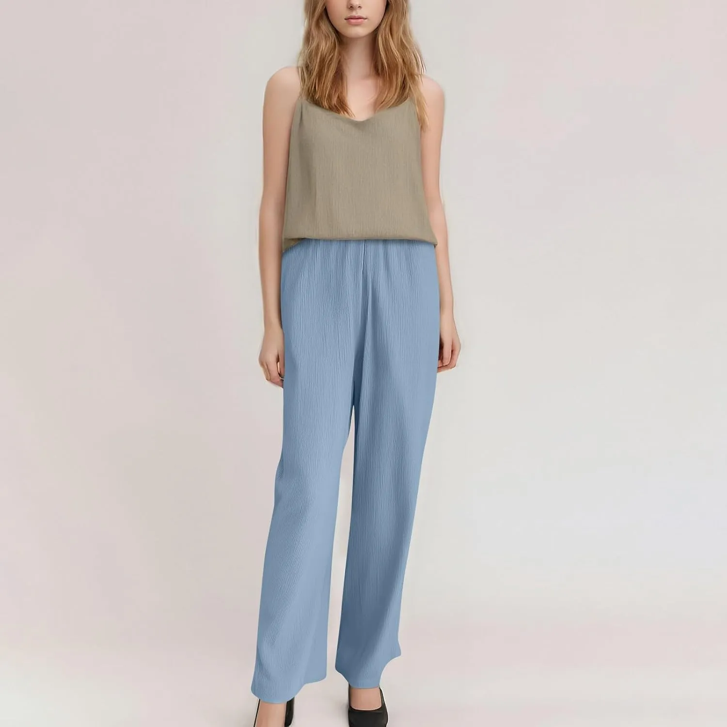 GOFULY Dress Pants Women Straight Wide Leg High Waisted Sumemr Pants Elastic Waist Drawstring Elegant Trousers with Pockets