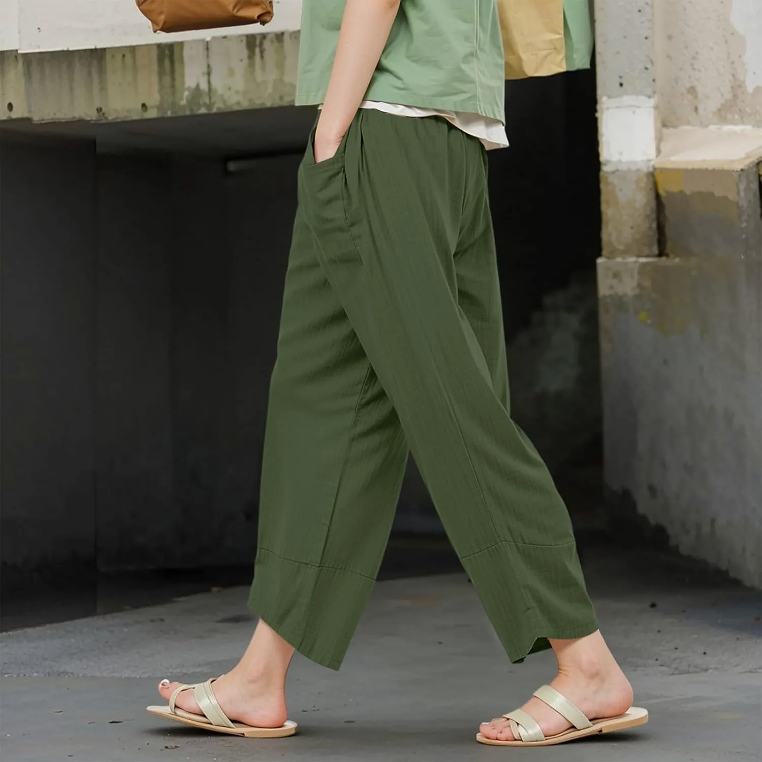 GOFULY Pants for Women 2025 Beach Elastic Waist Sumemr Pants Straight Wide Leg High Waisted with Pockets Vacation Trousers