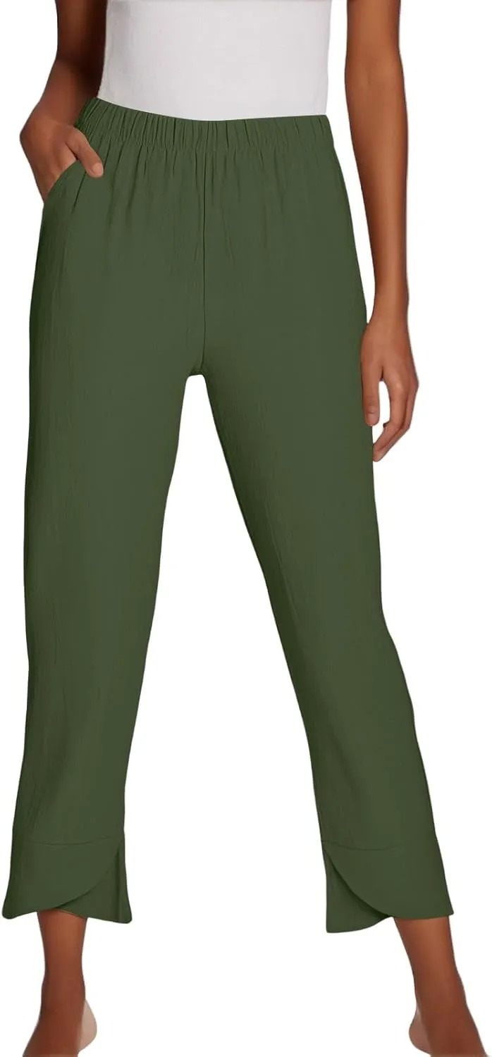 GOFULY Pants for Women 2025 Beach Elastic Waist Sumemr Pants Straight Wide Leg High Waisted with Pockets Vacation Trousers
