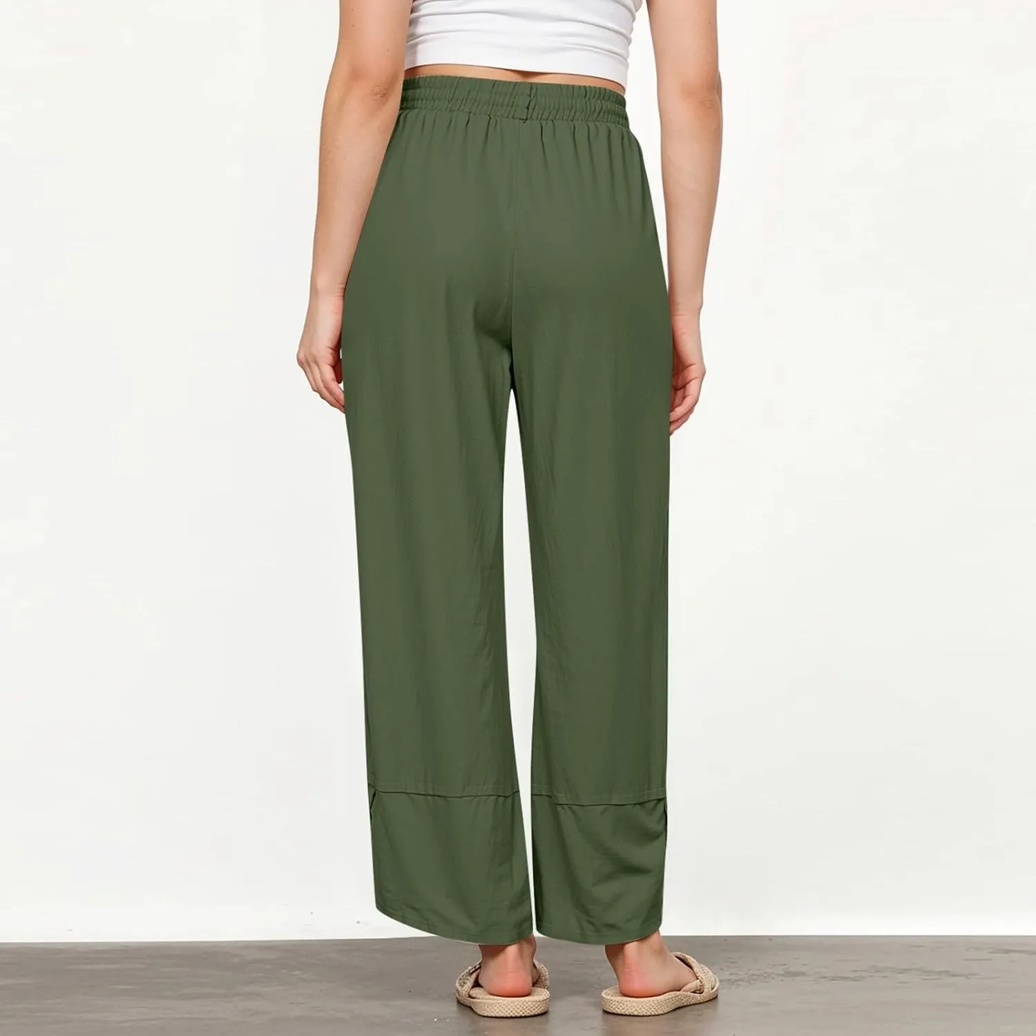 GOFULY Pants for Women 2025 Beach Elastic Waist Sumemr Pants Straight Wide Leg High Waisted with Pockets Vacation Trousers