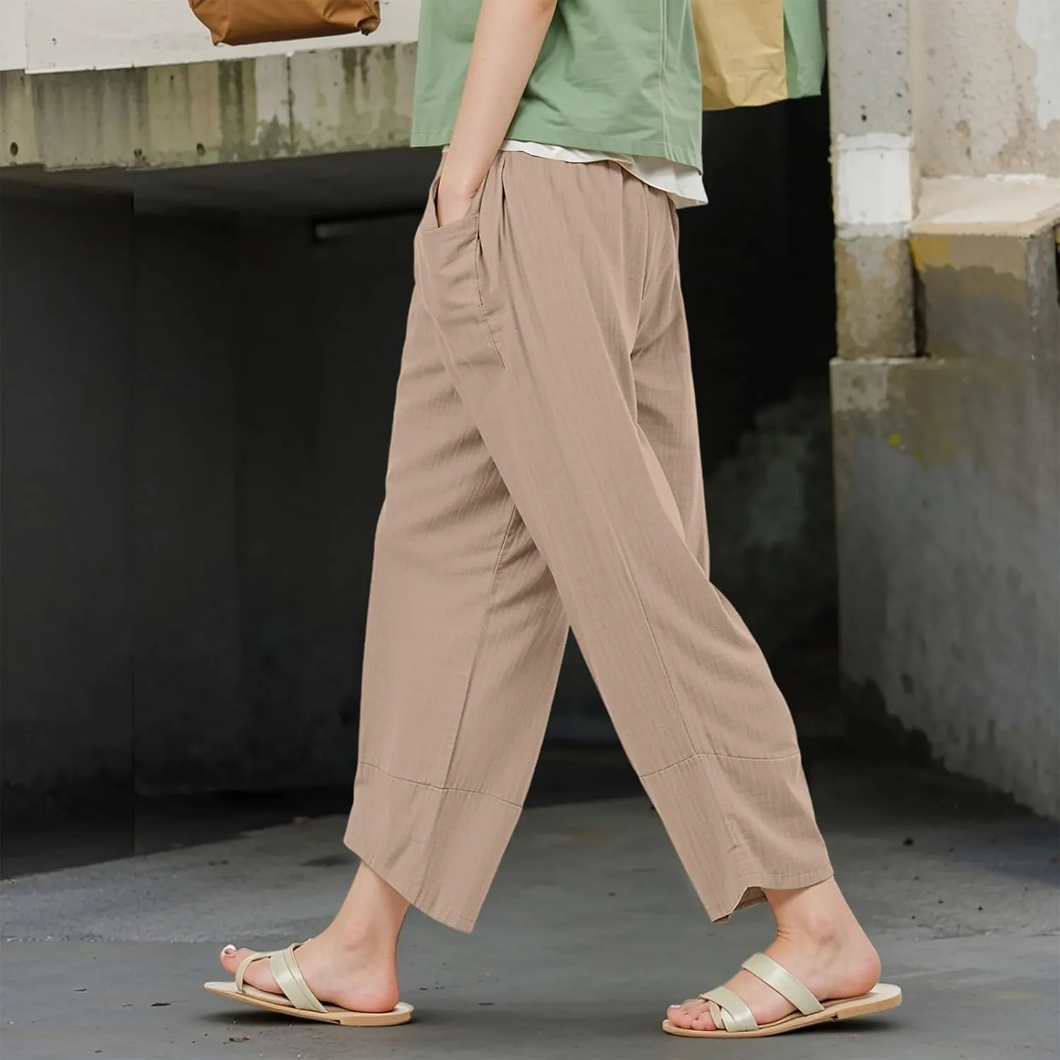 GOFULY Pants for Women 2025 Straight Wide Leg High Waisted Summer Pants 2025 Elastic Waist Vacation Trousers with Pockets