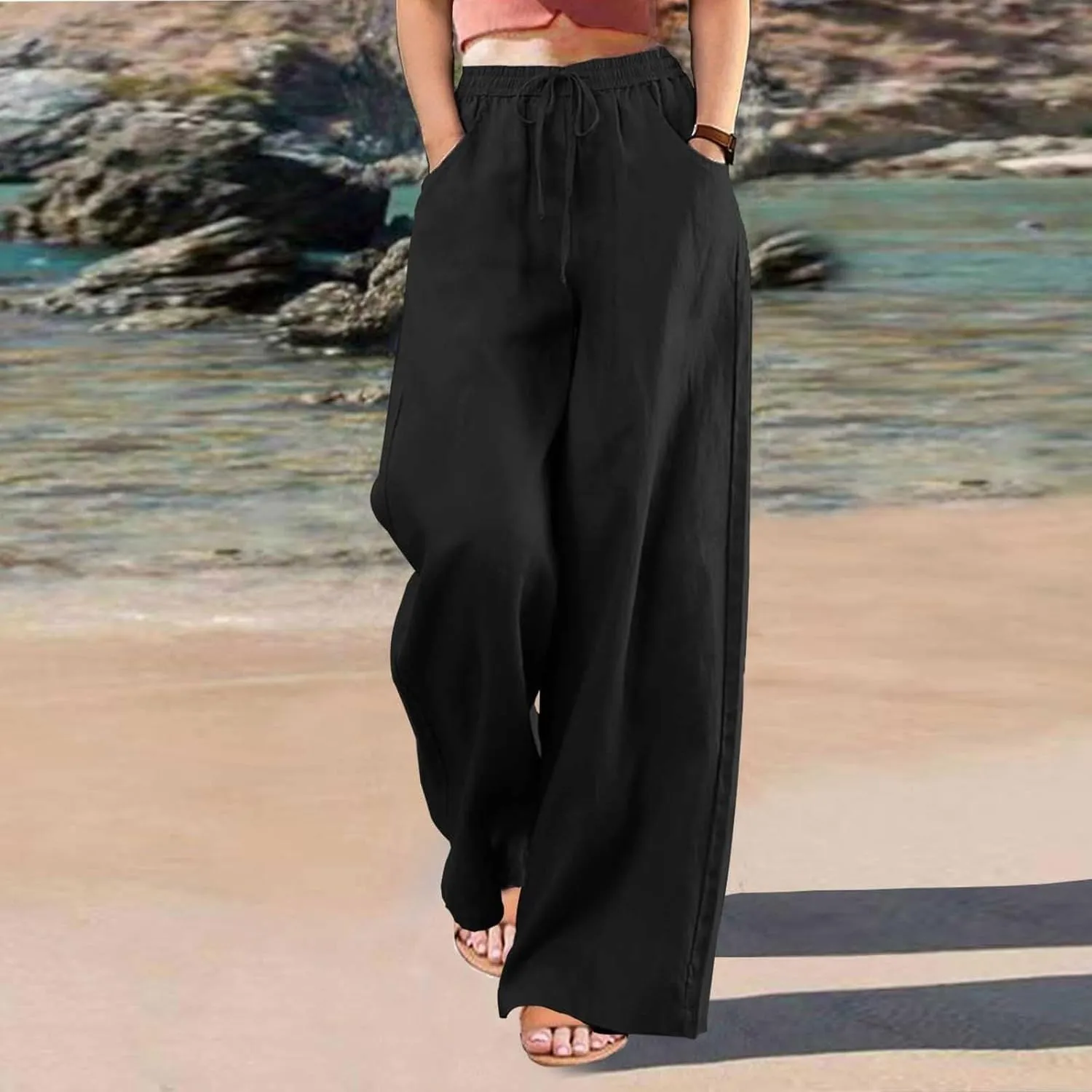 GOFULY Pants for Women Beach Elastic Waist Drawstring Sumemr Pants Straight Wide Leg High Waisted with Pockets Slacks Clothes
