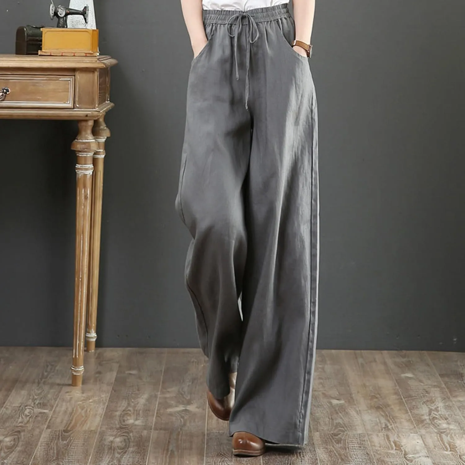 GOFULY Pants for Women Beach Elastic Waist Drawstring Sumemr Pants Straight Wide Leg High Waisted with Pockets Slacks Clothes