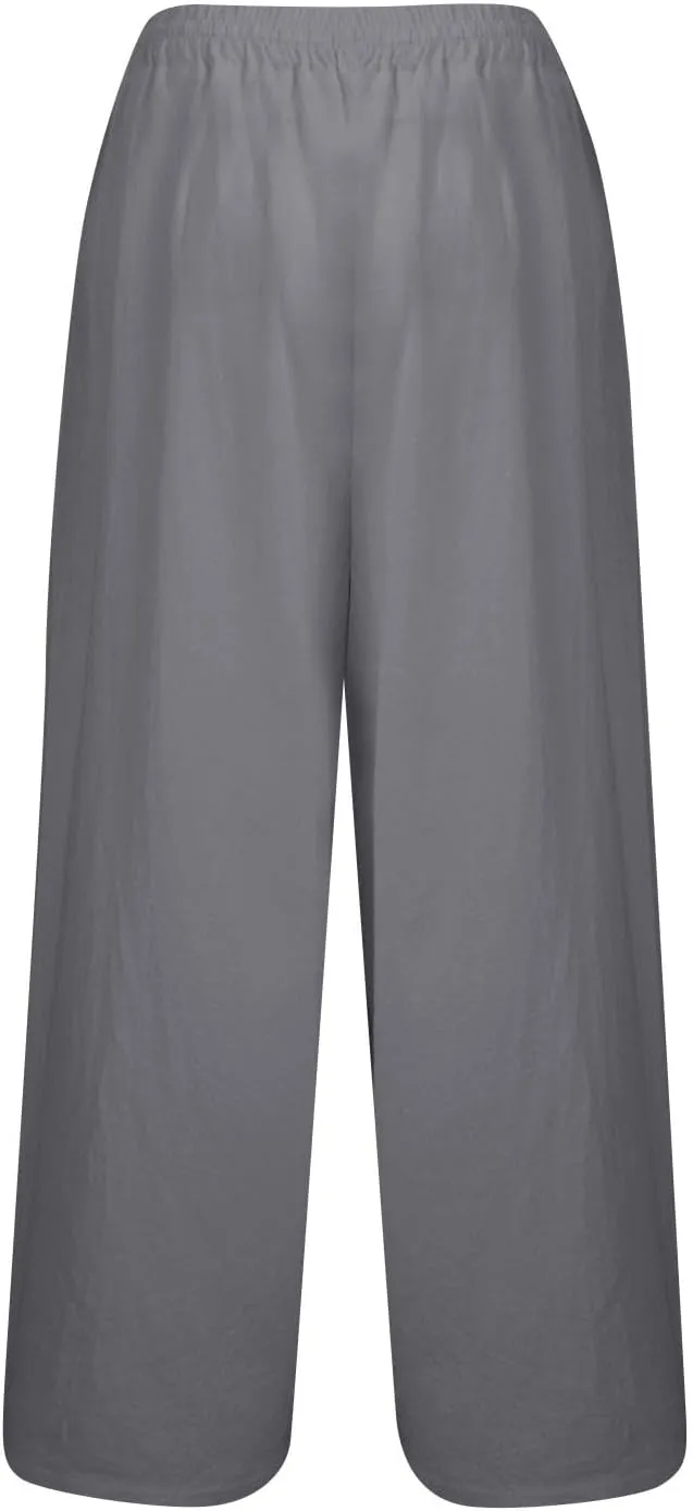 GOFULY Pants for Women Beach Elastic Waist Drawstring Sumemr Pants Straight Wide Leg High Waisted with Pockets Slacks Clothes