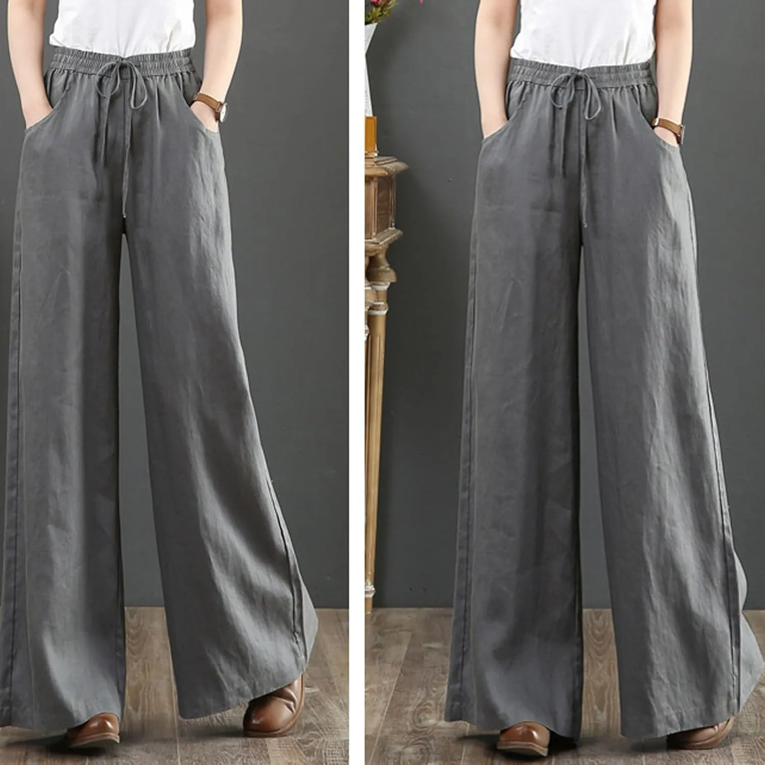 GOFULY Pants for Women Beach Elastic Waist Drawstring Sumemr Pants Straight Wide Leg High Waisted with Pockets Slacks Clothes