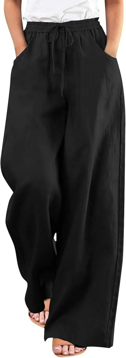 GOFULY Pants for Women Beach Elastic Waist Drawstring Sumemr Pants Straight Wide Leg High Waisted with Pockets Slacks Clothes