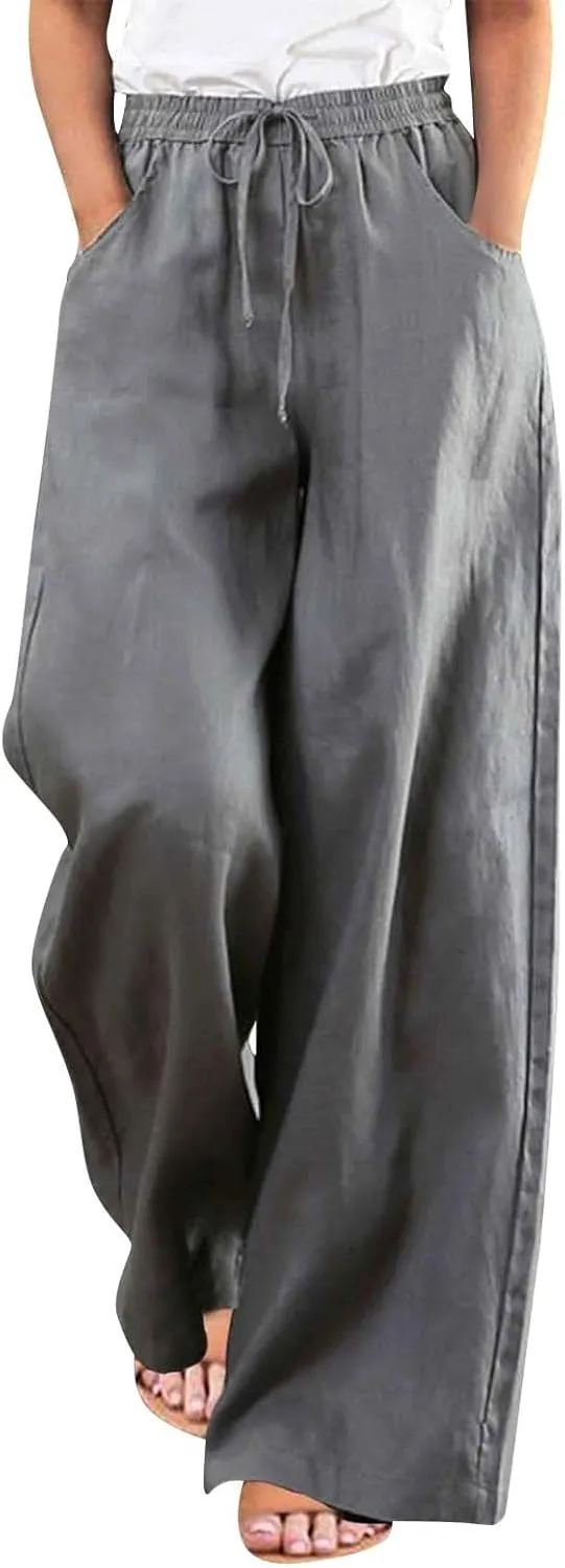 GOFULY Pants for Women Beach Elastic Waist Drawstring Sumemr Pants Straight Wide Leg High Waisted with Pockets Slacks Clothes