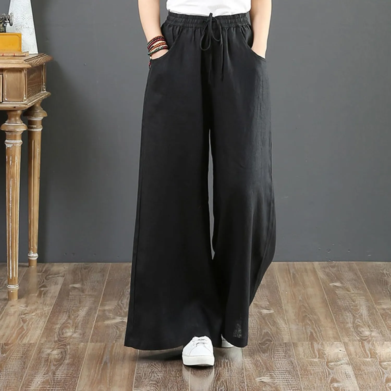 GOFULY Pants for Women Beach Elastic Waist Drawstring Sumemr Pants Straight Wide Leg High Waisted with Pockets Slacks Clothes