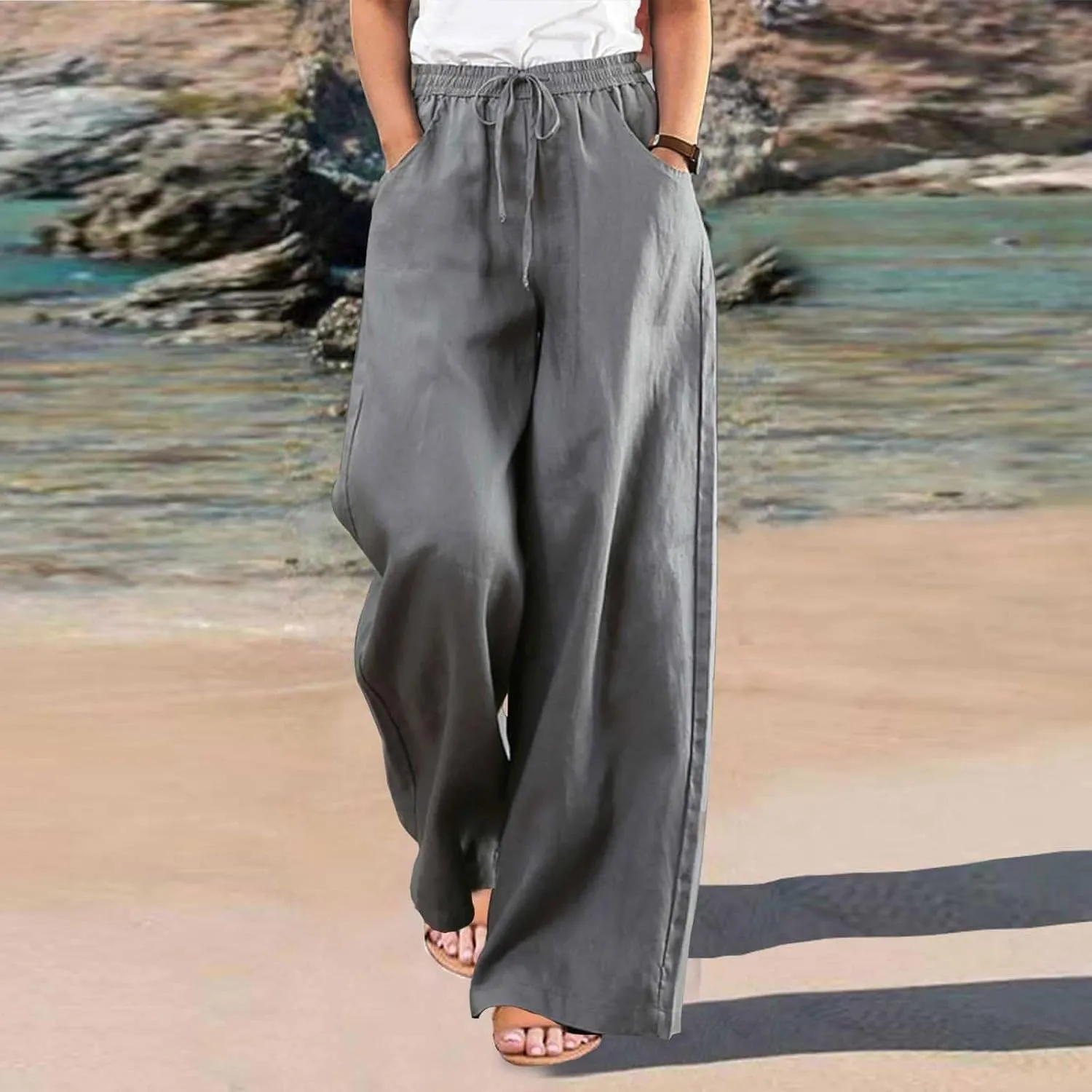 GOFULY Pants for Women Beach Elastic Waist Drawstring Sumemr Pants Straight Wide Leg High Waisted with Pockets Slacks Clothes