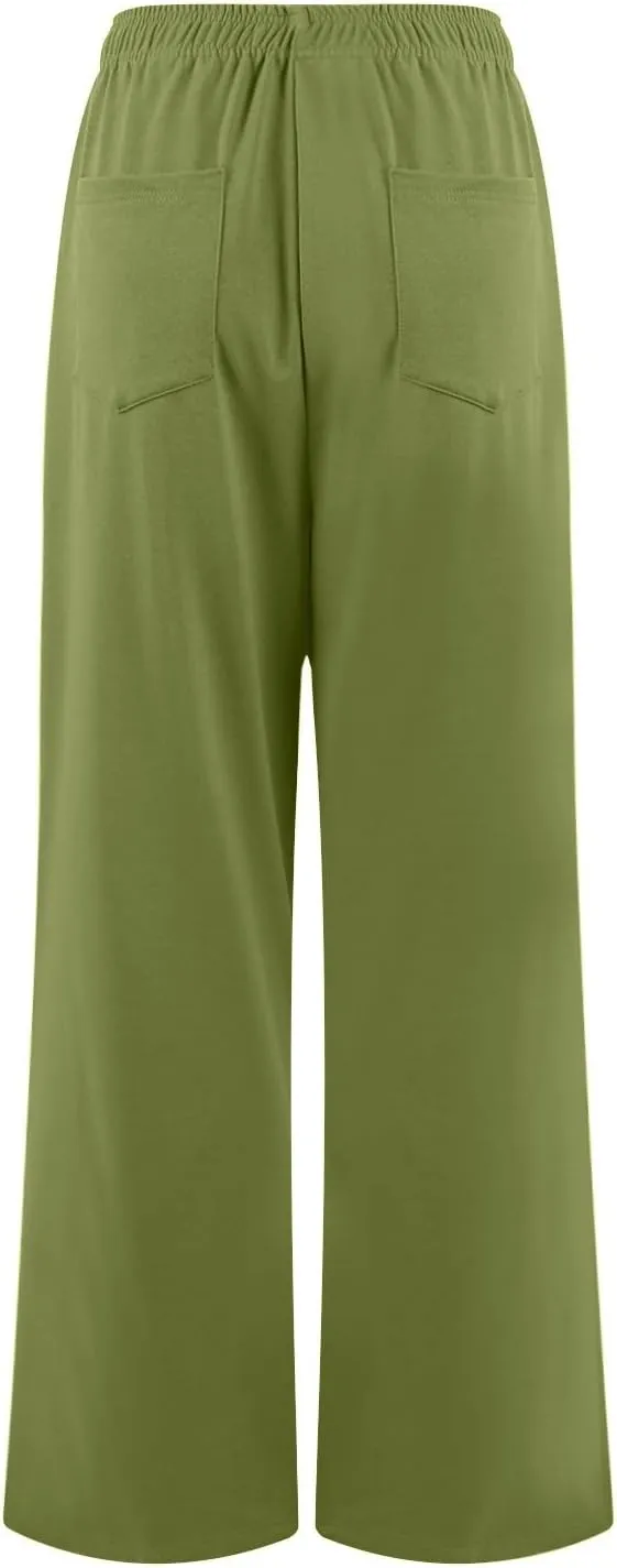 GOFULY Pants for Women Trendy Straight Wide Leg High Waisted Sumemr Pants Elastic Waist Drawstring 2025 Trousers with Pockets